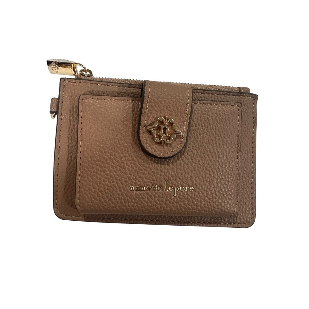 Nanette Lepore Taupe Brown Pebbled Card Case Zip Wallet with ID Window